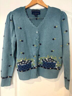 Vintage 90s Herman Geist Blue Cottagecore Hand Embroidered  Sweater Sz Small